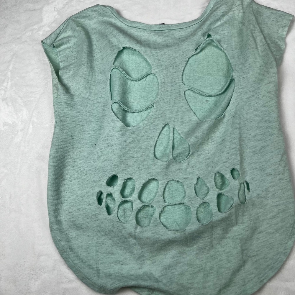 Love Culture Womens Mint Green Skull Cut Out Back Top Short Sleeve French Terry